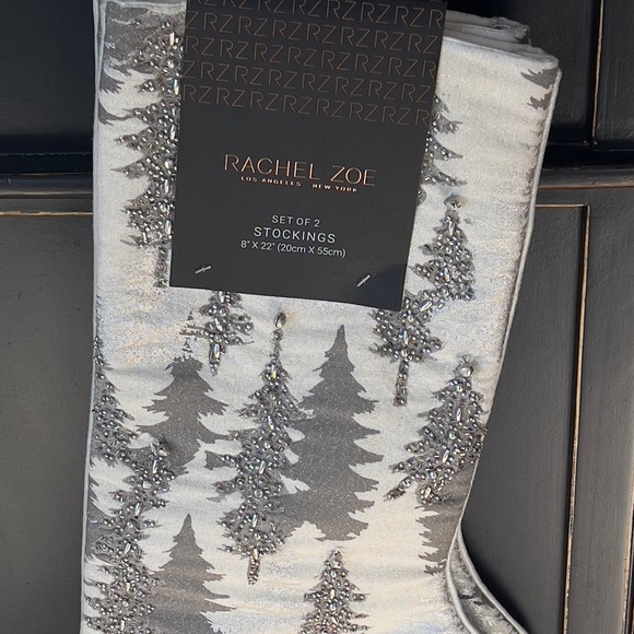 2 Rachel Zoe Beaded Silver Grey Christmas Tree Stockings 22” New Set of 2 - Picture 2 of 7